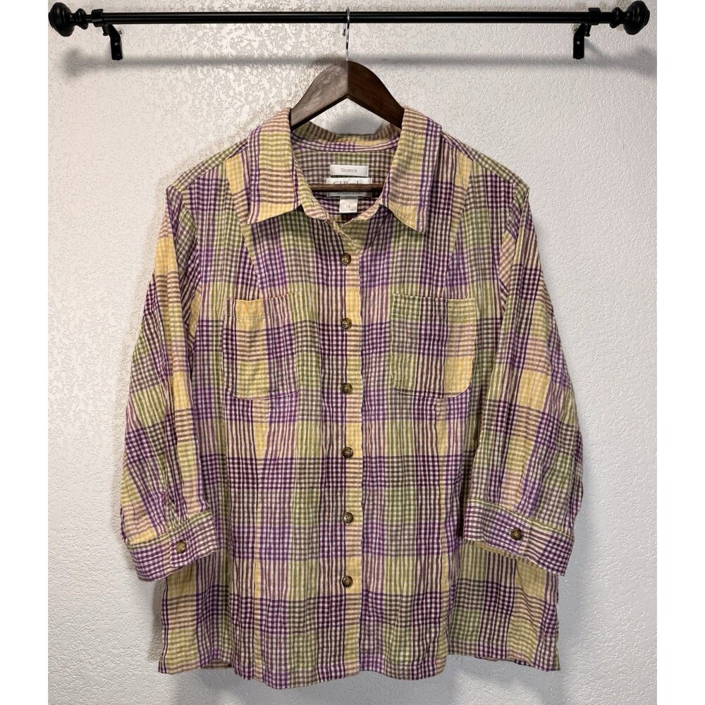 C.J. Banks Women’s 1X Plus Stretch Patchwork Plaid Button Up Shirt 3/4 Sleeve